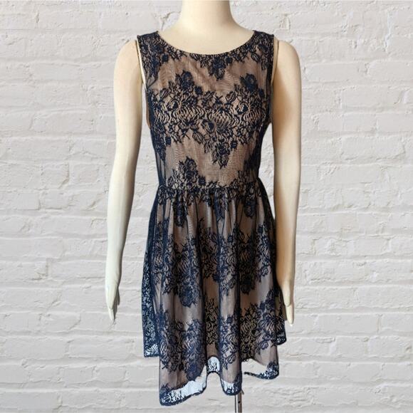 FOREVER 21 Navy Blue Lace Party Dress with Tan Lining Large - Picture 1 of 10